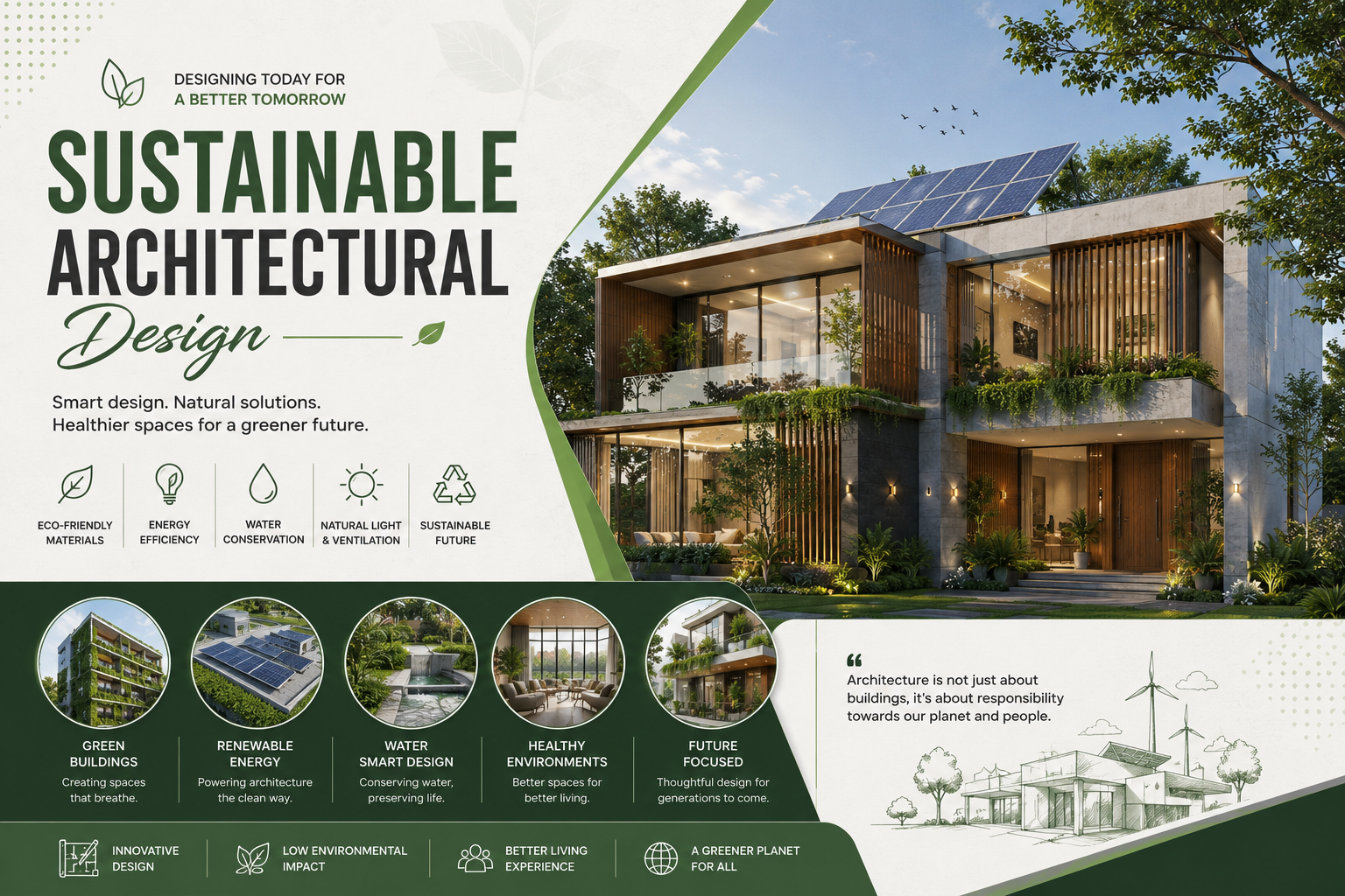 Modern architecture should not only look beautiful but also perform efficiently. Our sustainable design principles include: • Energy Efficient Planning • Cross Ventilation • Natural Lighting • Solar Orientation • Heat Reduction Strategies • Water Efficient Design • Eco-Friendly Materials • Green Spaces • Smart Building Concepts These features reduce operational costs while improving comfort.